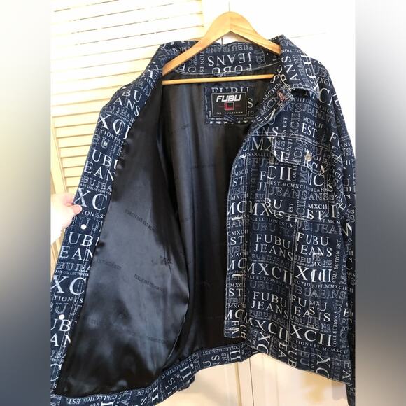 Vintage 90s FUBU Denim All Over Print MCMXCII Jeans Collection Jacket 5X - Picture 11 of 14
